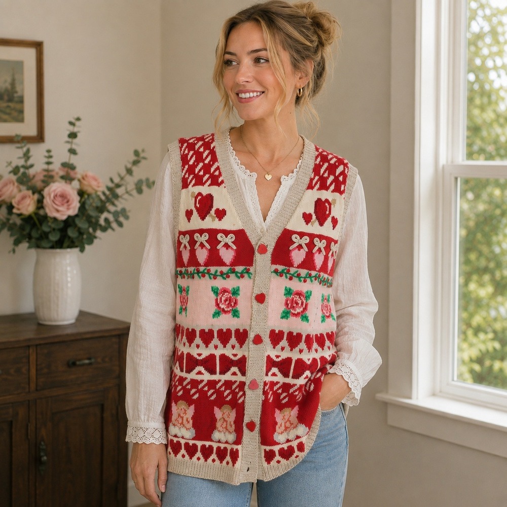 Vintage 1995 Eagle's Eye Valentine Sweater Vest Ramie Linen Cottage Women's L